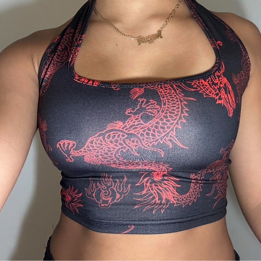 Dragon Print Halter Top - Black and Red